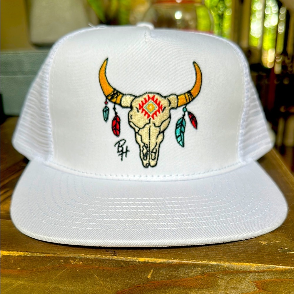 Barnes Store White Trucker Hat with Bull Skull NEW!